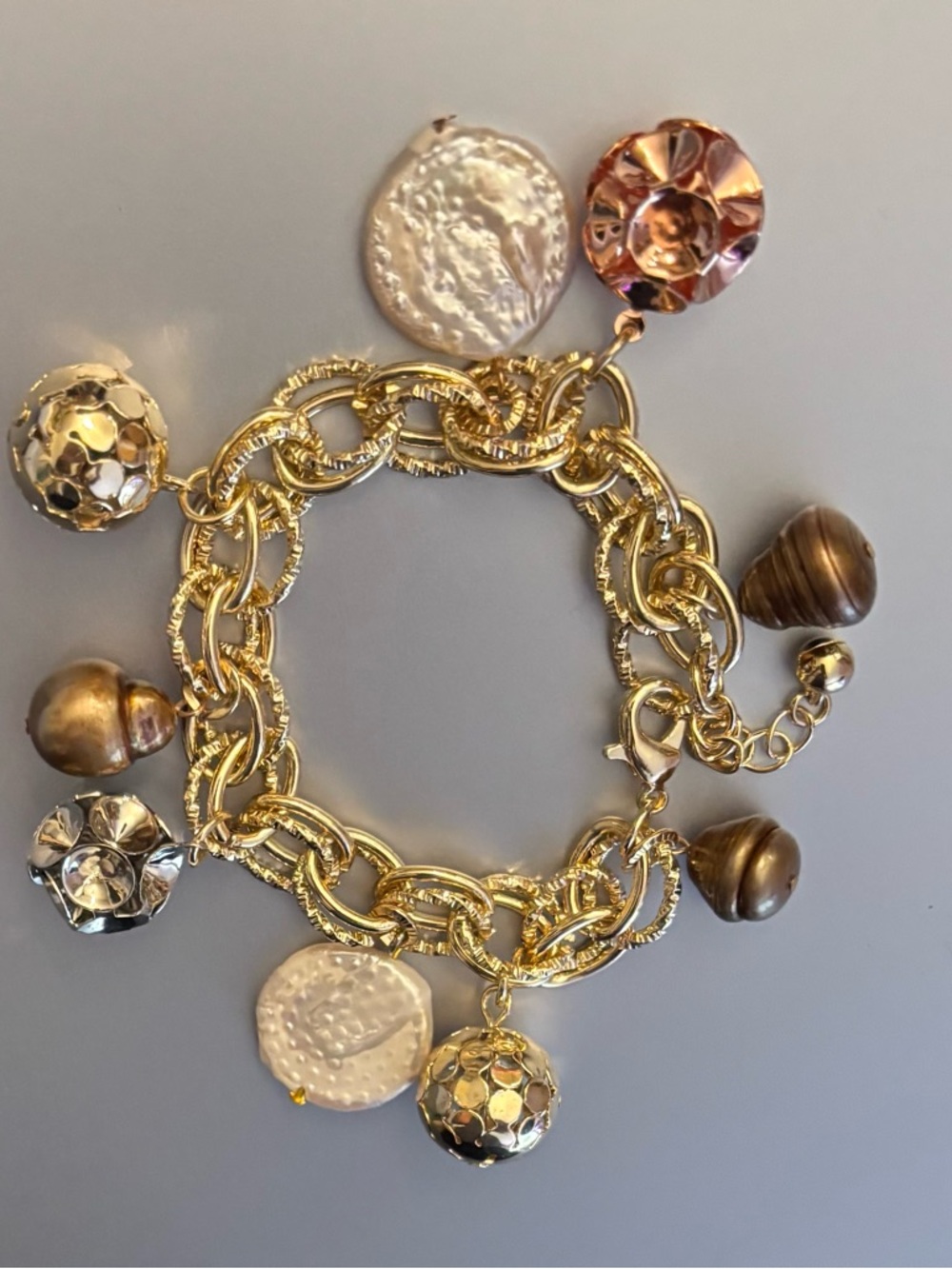 Gold-Tone Multi-Charm Bracelet with Pearl and Metallic Accents